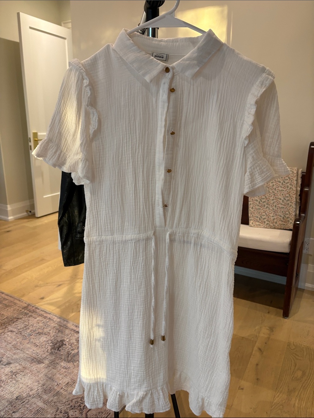 White Cotton Gauze Short Ruffle-Sleeve Swim Coverup Dress